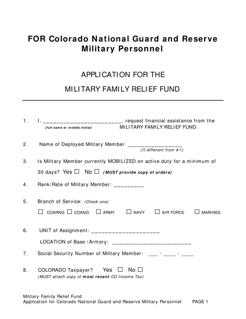 Application for the Military Family Relief Fund - Colorado Download Pdf