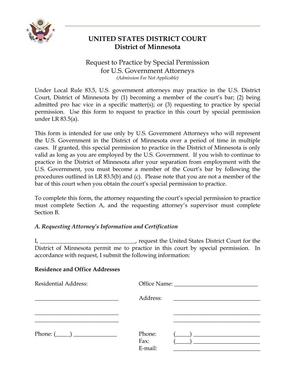 Request to Practice by Special Permission for U.S. Government Attorneys - Minnesota, Page 1