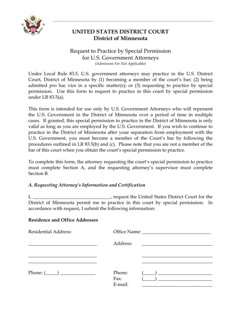 Request to Practice by Special Permission for U.S. Government Attorneys - Minnesota Download Pdf