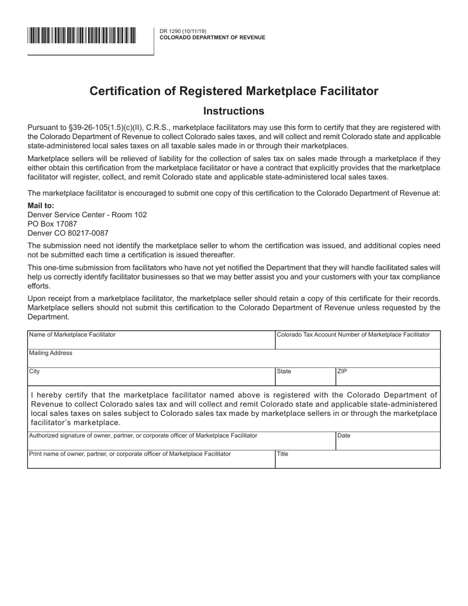 Form DR1290 Certification of Registered Marketplace Facilitator - Colorado, Page 1