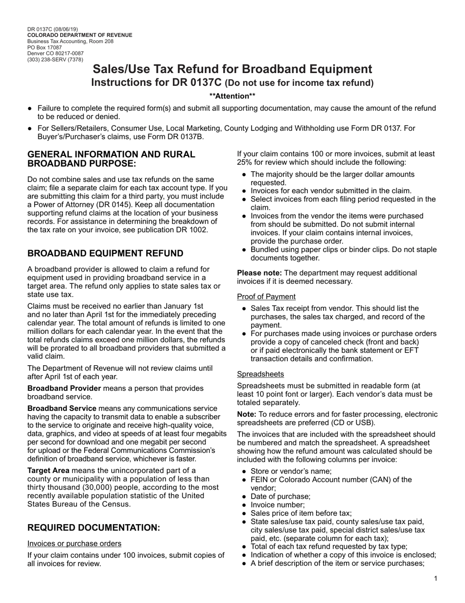 Form DR0137C Sales / Use Tax Refund for Broadband Equipment - Colorado, Page 1