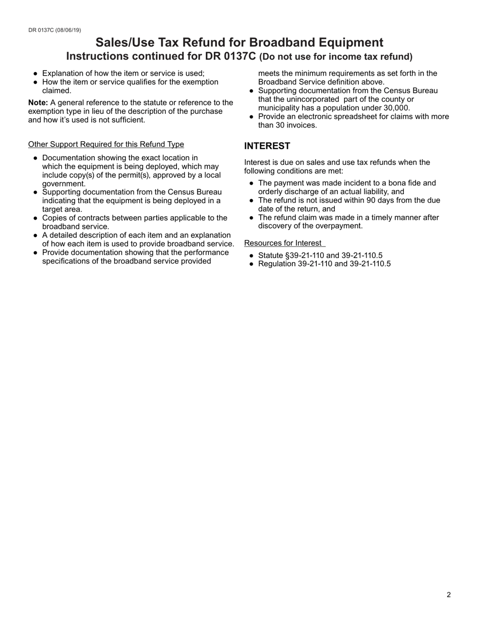 Form DR0137C Sales / Use Tax Refund for Broadband Equipment - Colorado, Page 2
