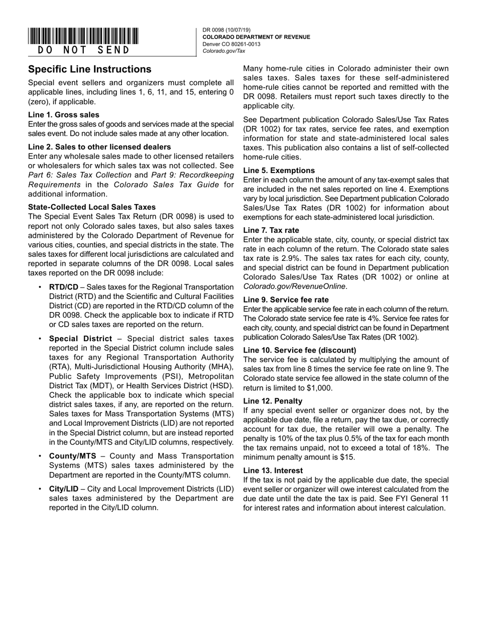 Form DR0098 Special Event Sales Tax Return - Colorado, Page 3