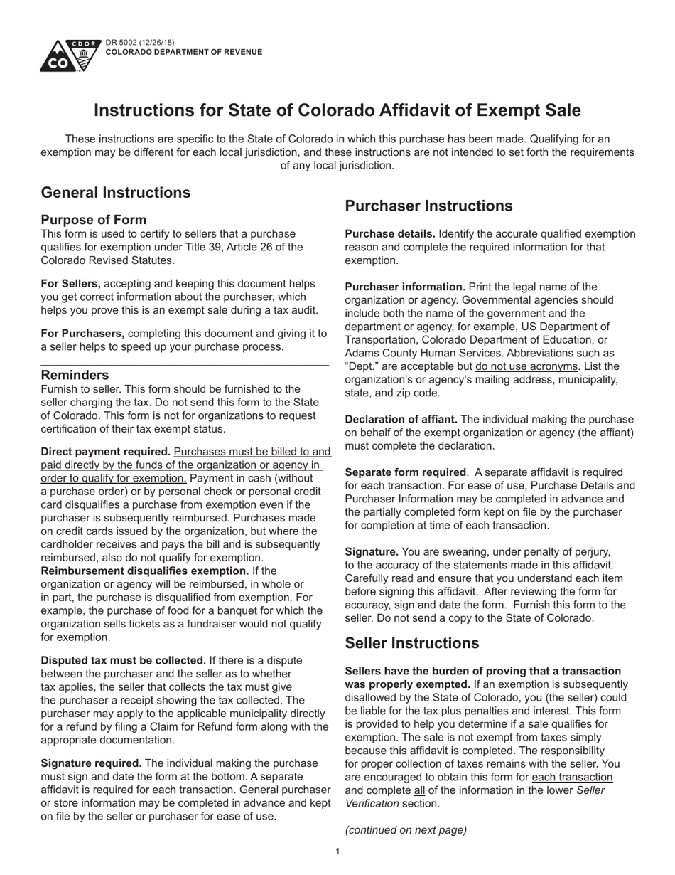 Form DR5002 Standard Colorado Affidavit of Exempt Sale - Colorado, Page 1