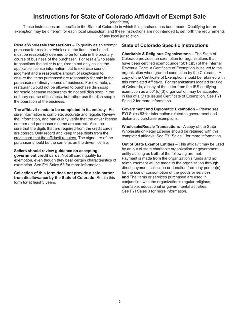 Form DR5002 Standard Colorado Affidavit of Exempt Sale - Colorado, Page 2