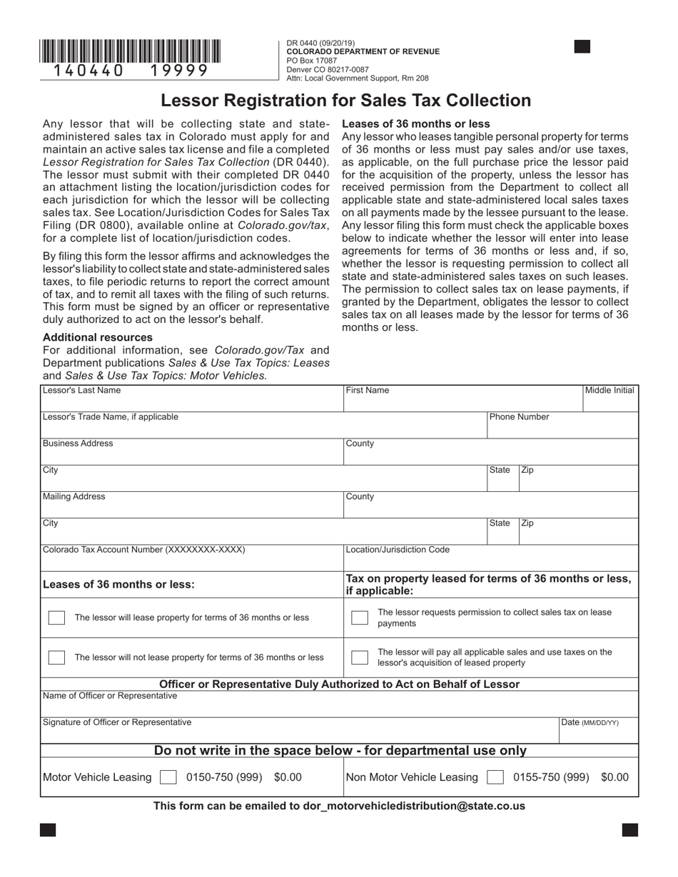 Form DR0440 Lessor Registration for Sales Tax Collection - Colorado, Page 1