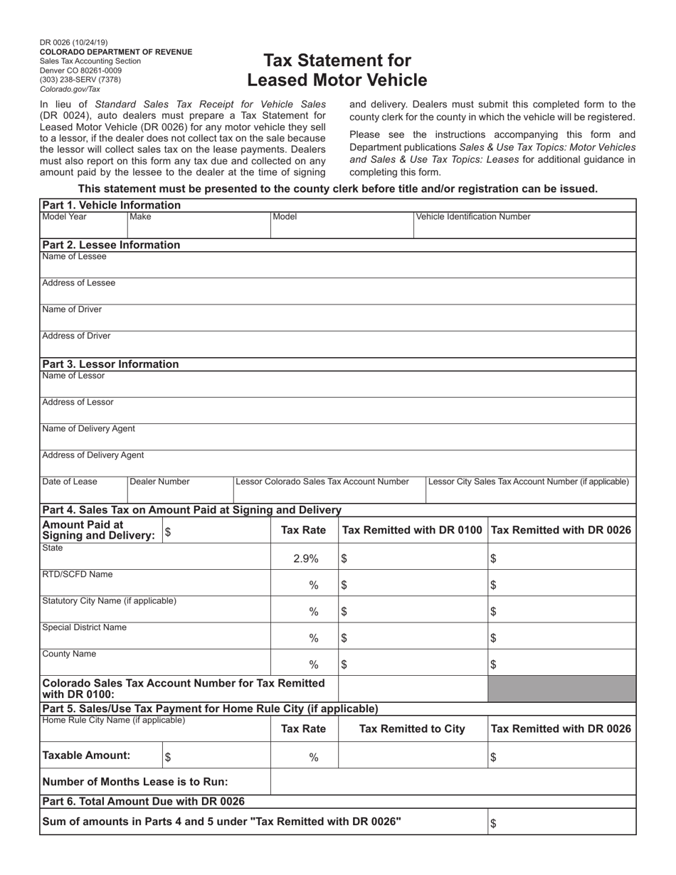 Form DR0026 Tax Statement for Leased Motor Vehicle - Colorado, Page 1