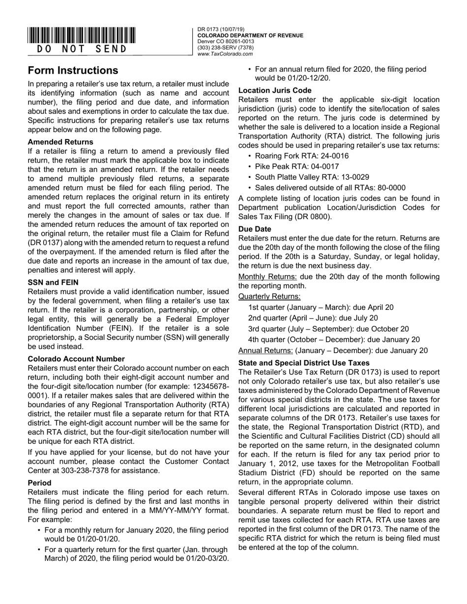 Form DR0173 Retailers Use Tax Return - Colorado, Page 2