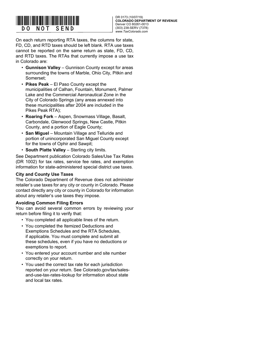 Form DR0173 Retailers Use Tax Return - Colorado, Page 3