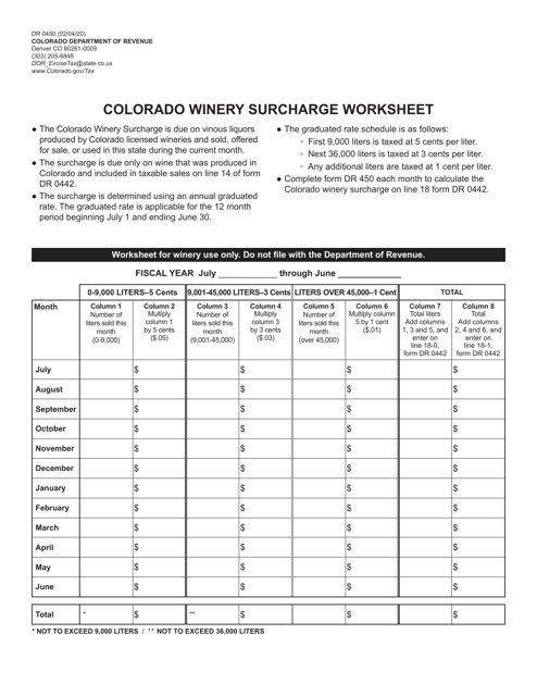 Form DR0450 Colorado Winery Surcharge Worksheet - Colorado