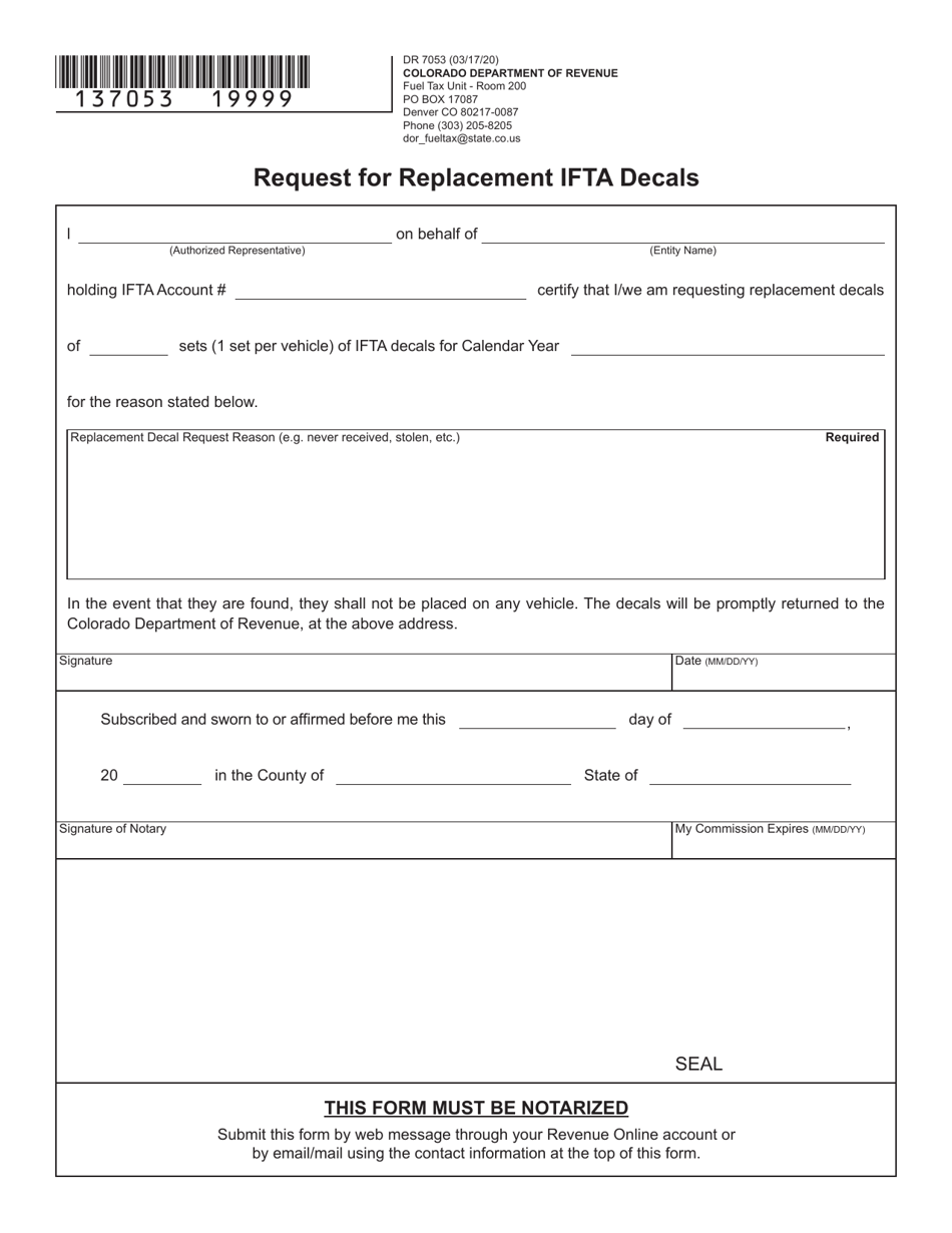 Form DR7053 Request for Replacement Ifta Decals - Colorado, Page 1