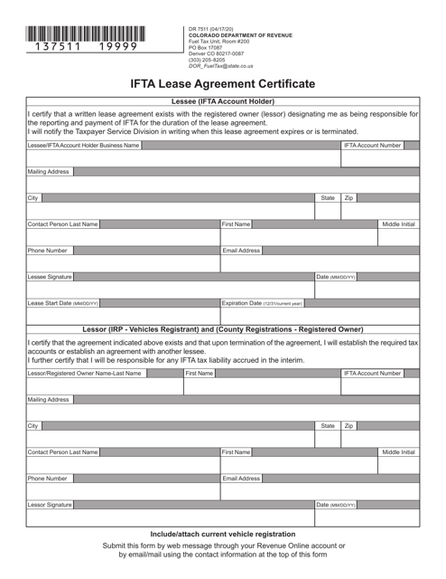 Form DR7511 Ifta Lease Agreement Certificate - Colorado