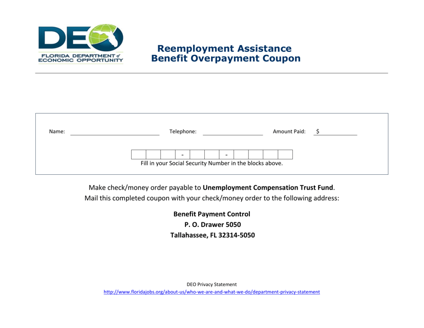 Reemployment Assistance Benefit Overpayment Coupon - Florida Download Pdf