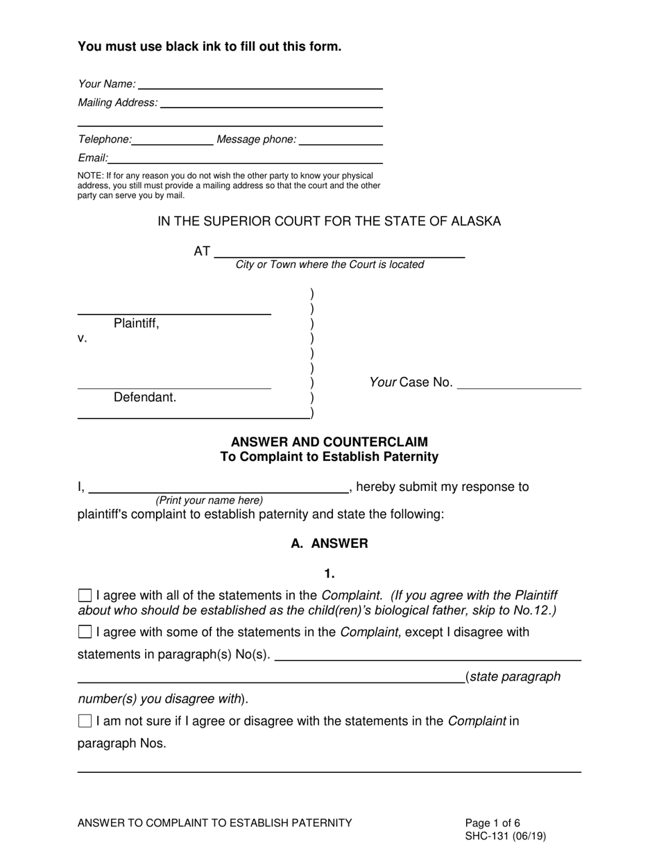Form SHC-131 Answer and Counterclaim to Complaint to Establish Paternity - Alaska, Page 1