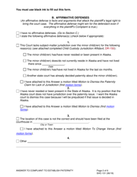 Form SHC-131 Answer and Counterclaim to Complaint to Establish Paternity - Alaska, Page 2