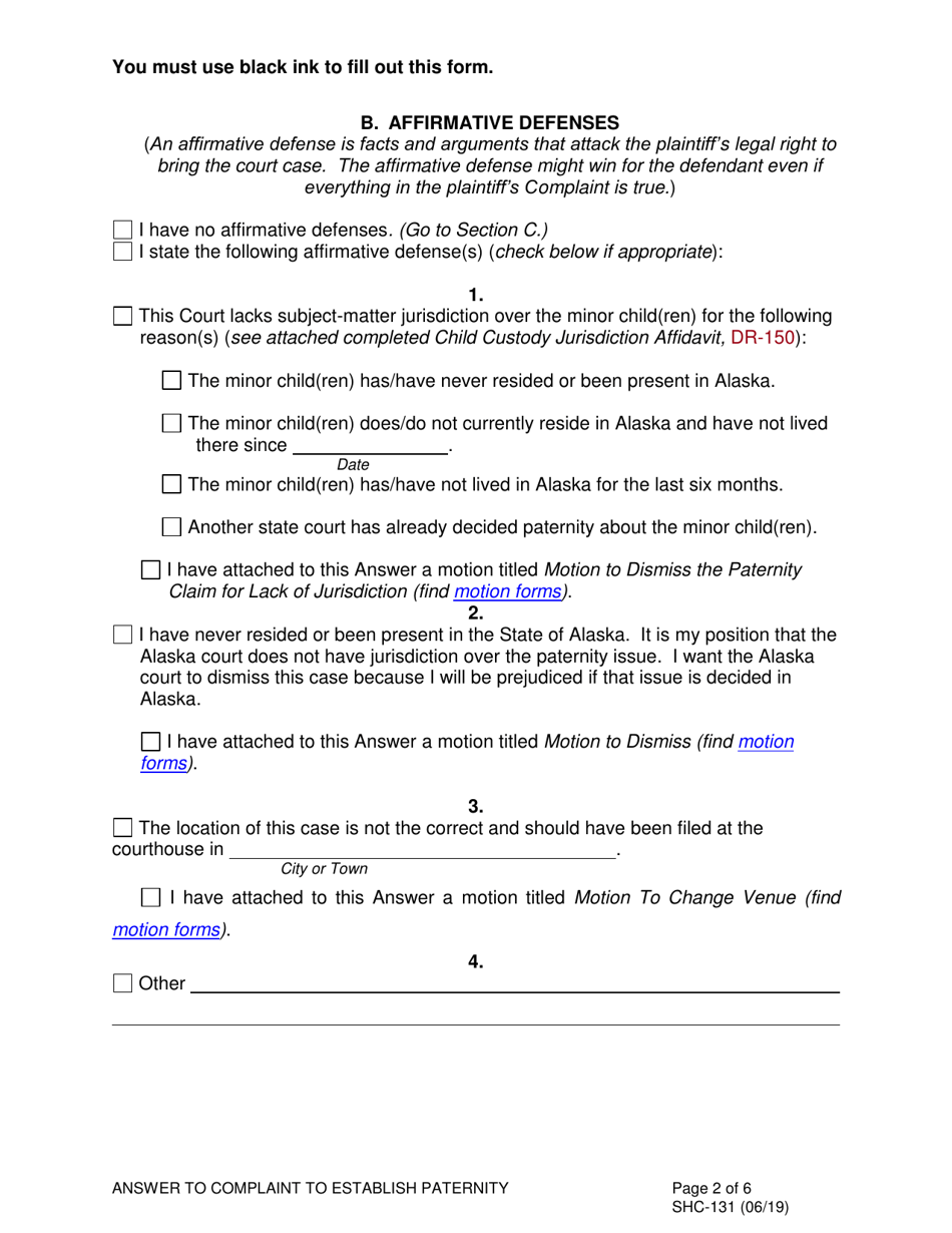 Form SHC-131 Answer and Counterclaim to Complaint to Establish Paternity - Alaska, Page 2