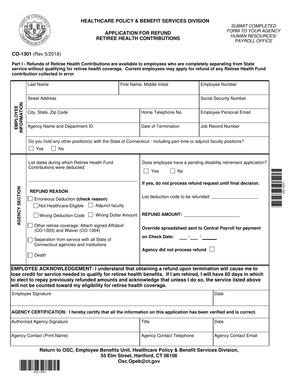 Form CO-1301 Application for Refund Retiree Health Contributions - Connecticut, Page 1