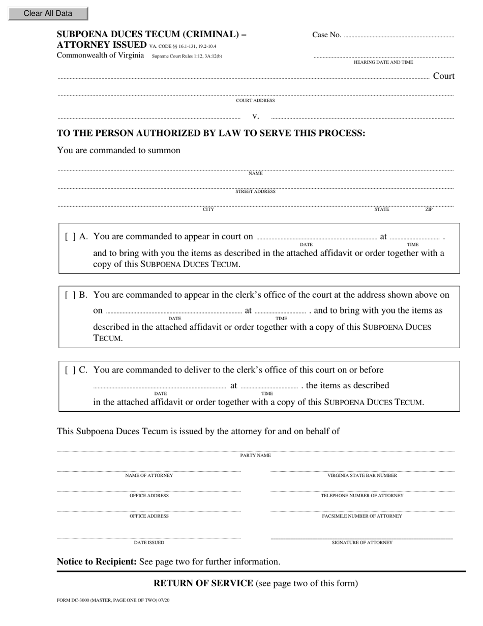 Form DC-3000 Subpoena Duces Tecum (Criminal) - Attorney Issued - Virginia, Page 1