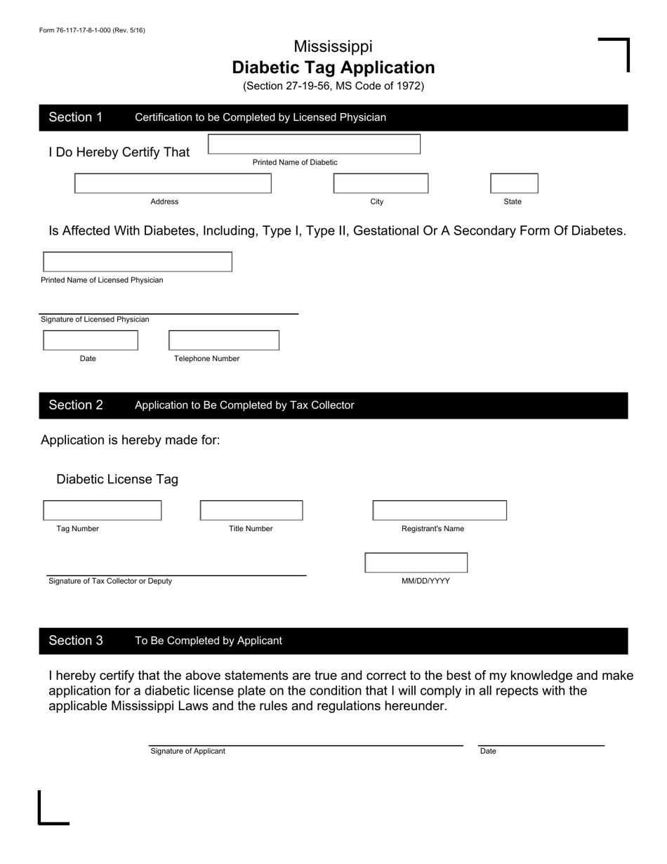 Form 76117 Diabetic Tag Application - Mississippi, Page 1