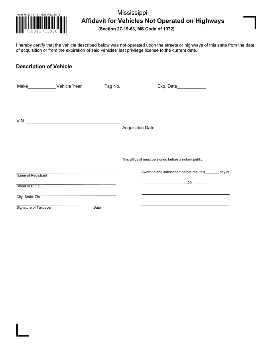 Form 76901 Affidavit for Vehicles Not Operated on Highways - Mississippi, Page 1