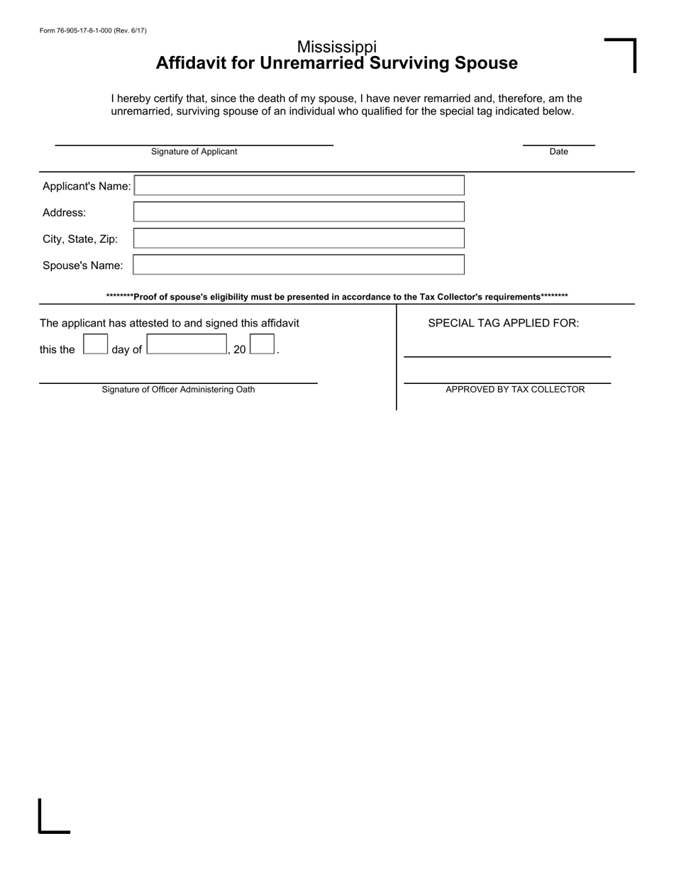 Form 76905 Affidavit for Unremarried Surviving Spouse - Mississippi, Page 1