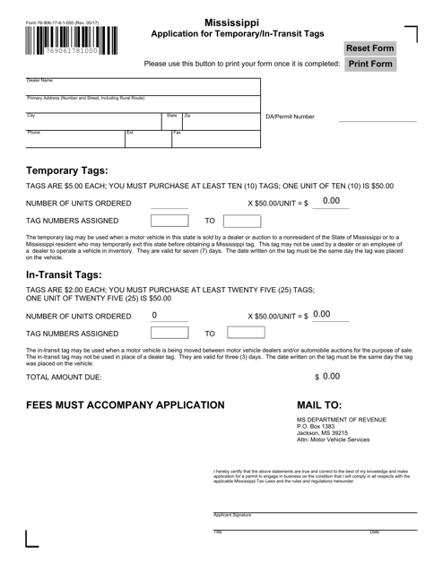 Form 76906 Application for Temporary/In-transit Tags - Mississippi