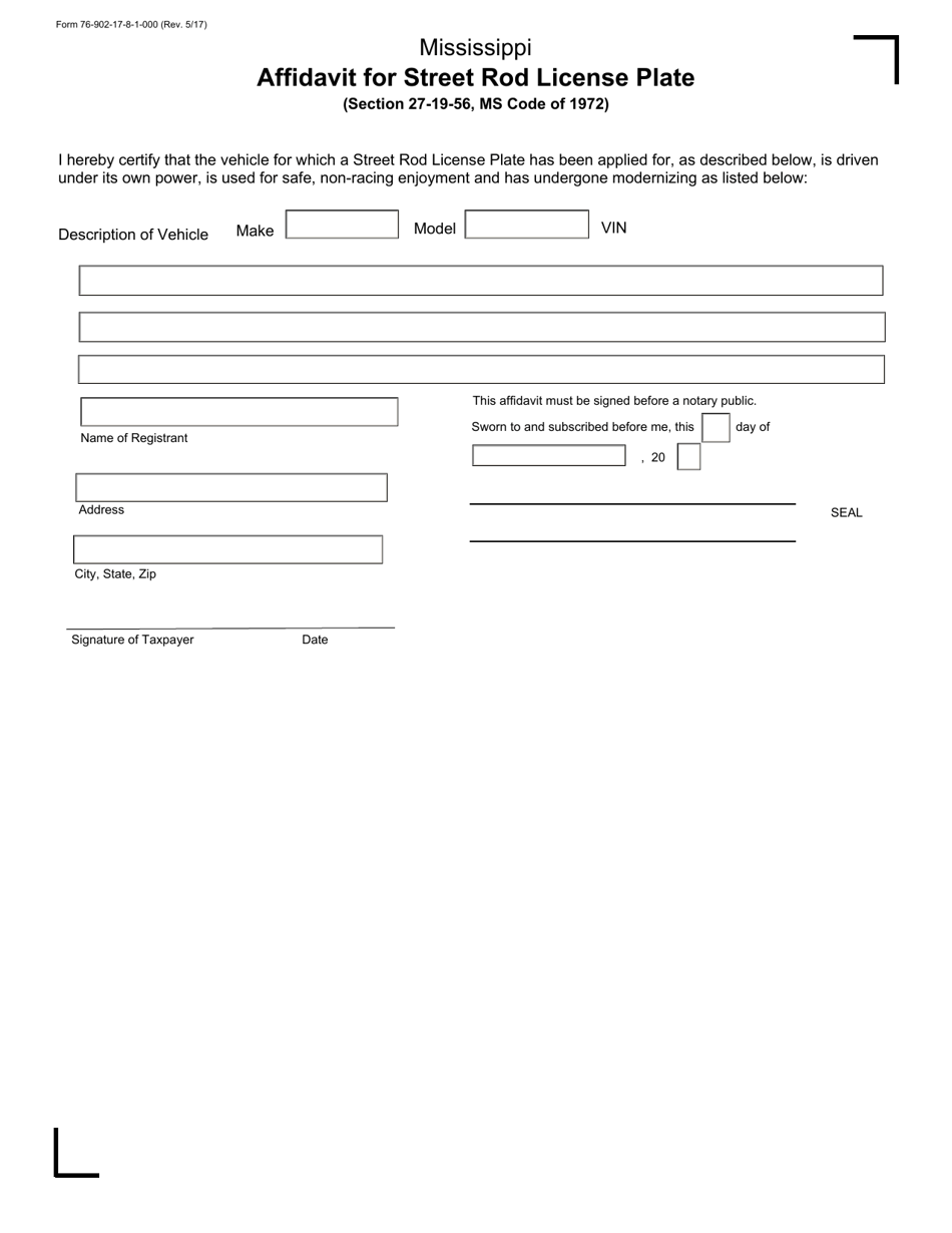 Form 76902 Affidavit for Street Rod License Plate - Mississippi, Page 1
