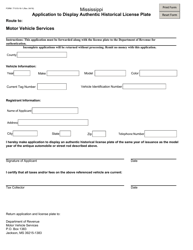 Form 77515 &quot;Application to Display Authentic Historical License Plate&quot; - Mississippi