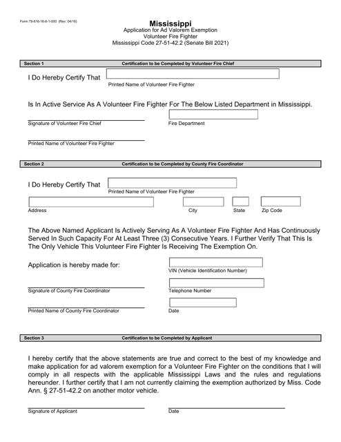 Form 79616 Application for Ad Valorem Exemption Volunteer Fire Fighter - Mississippi