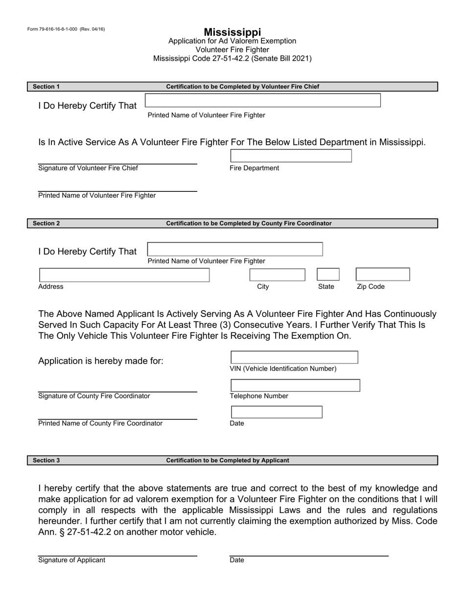 Form 79616 Application for Ad Valorem Exemption Volunteer Fire Fighter - Mississippi, Page 1