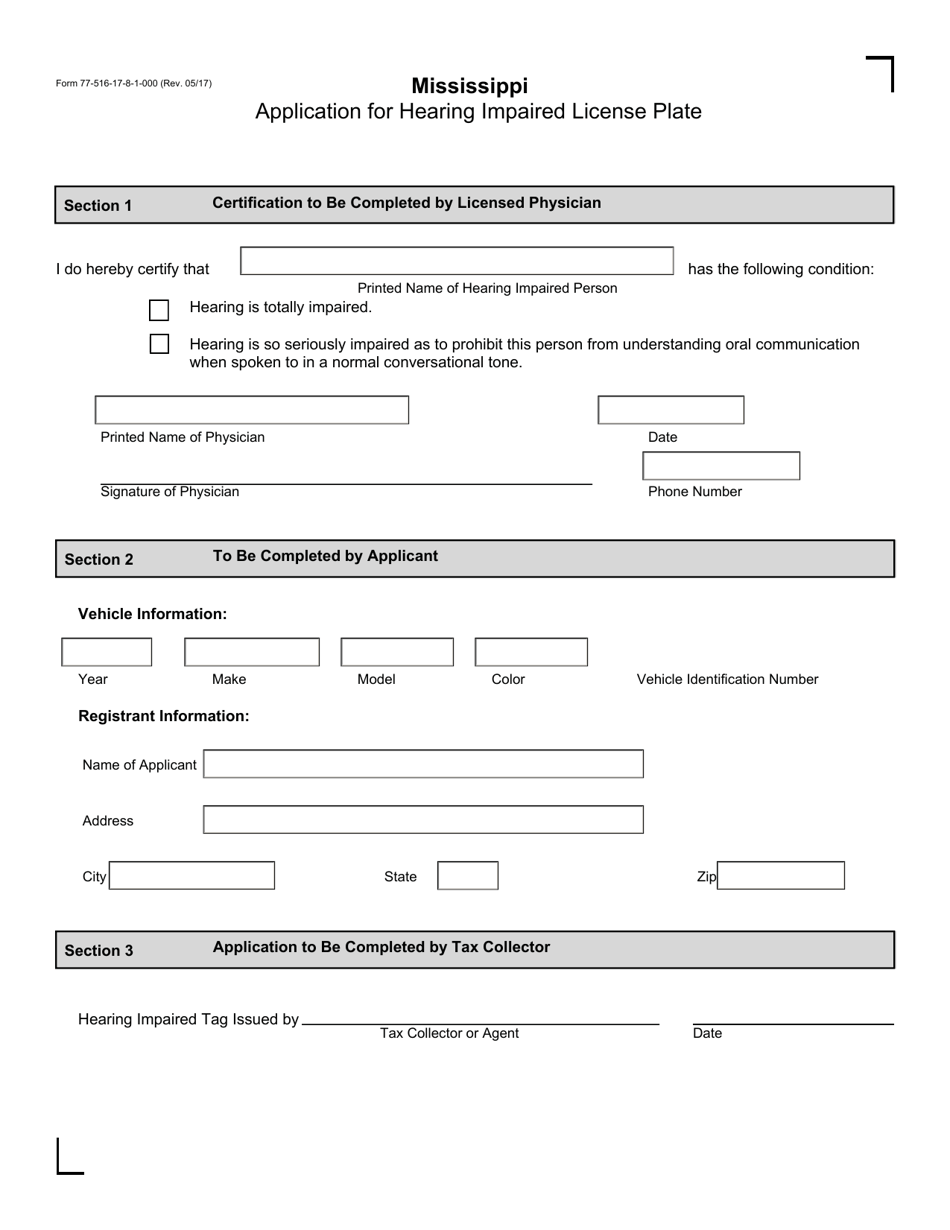 Form 77516 Application for Hearing Impaired License Plate - Mississippi, Page 1