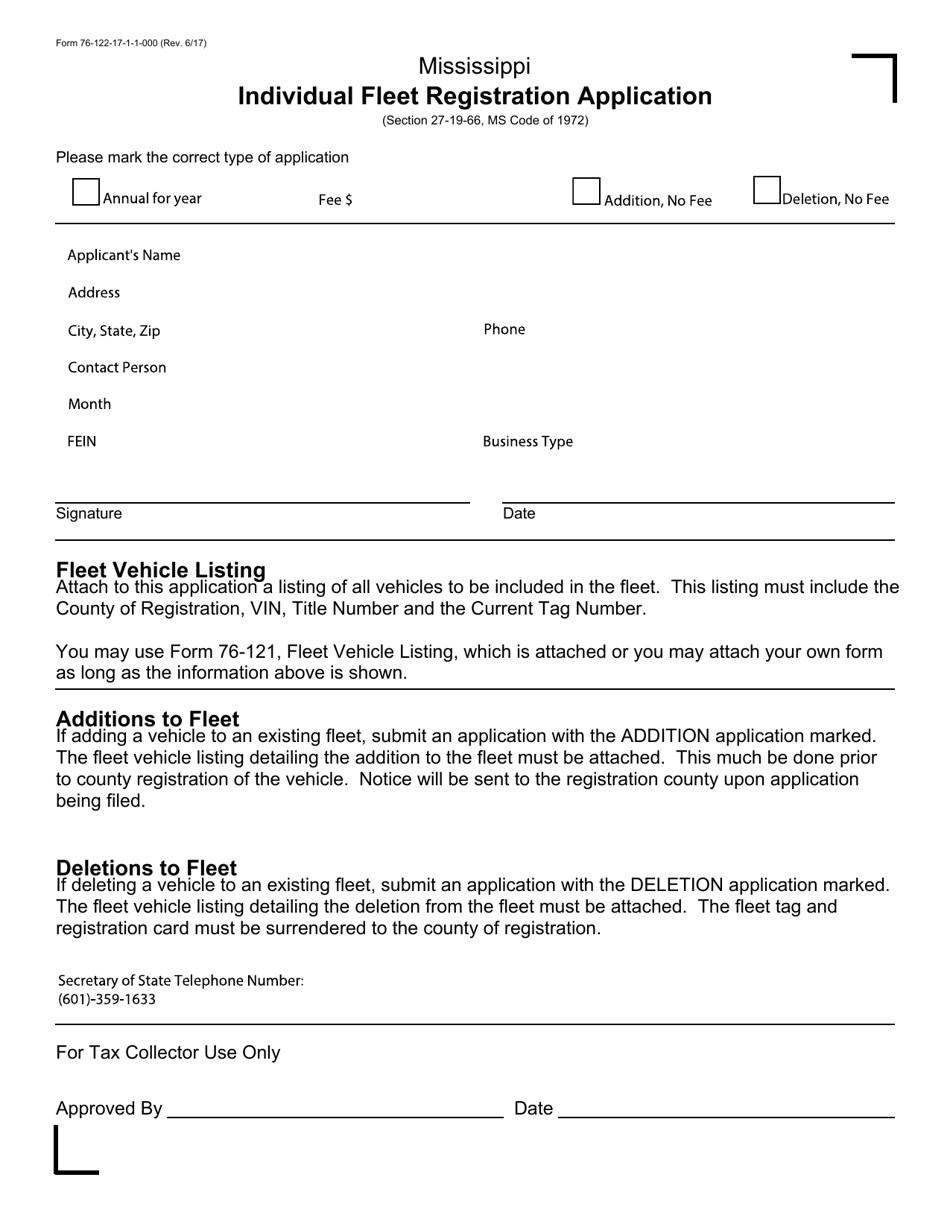 Form 76122 Individual Fleet Registration Application - Mississippi, Page 1