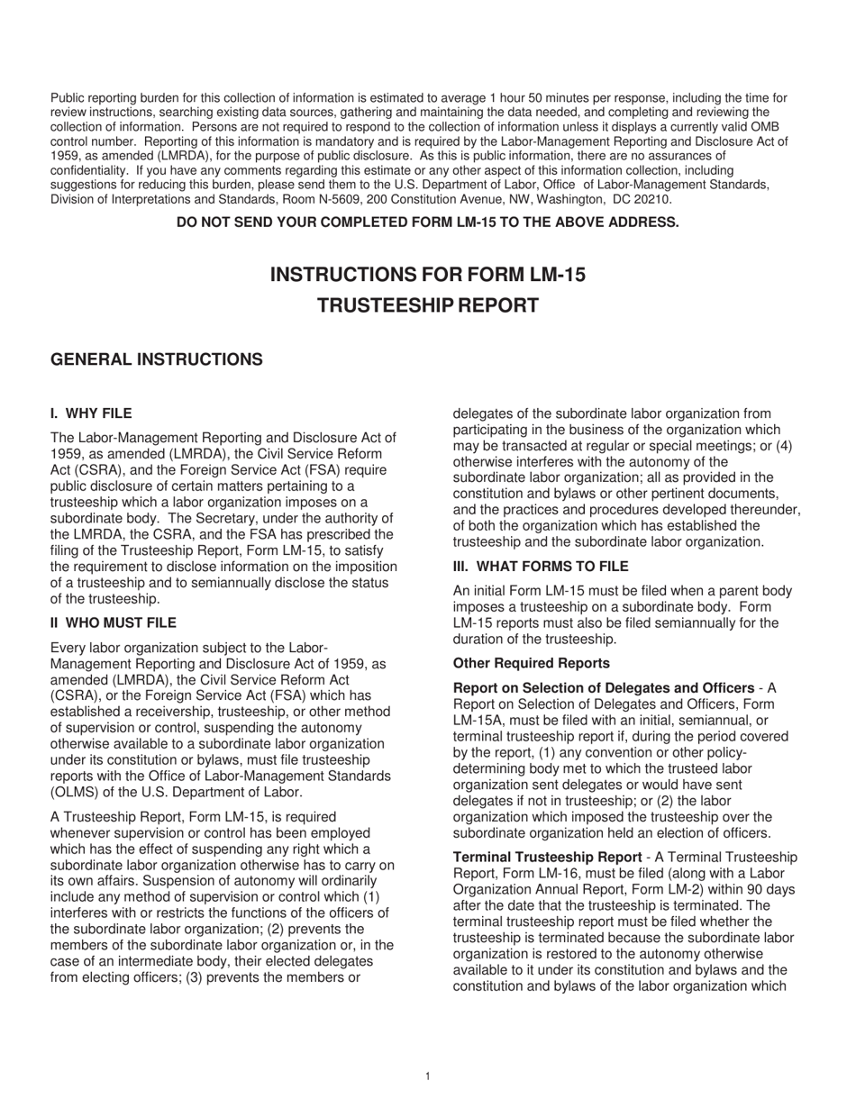 Instructions for Form LM-15 Trusteeship Report, Page 1