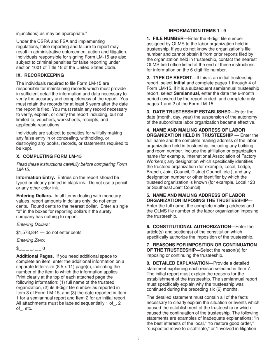 Instructions for Form LM-15 Trusteeship Report, Page 3