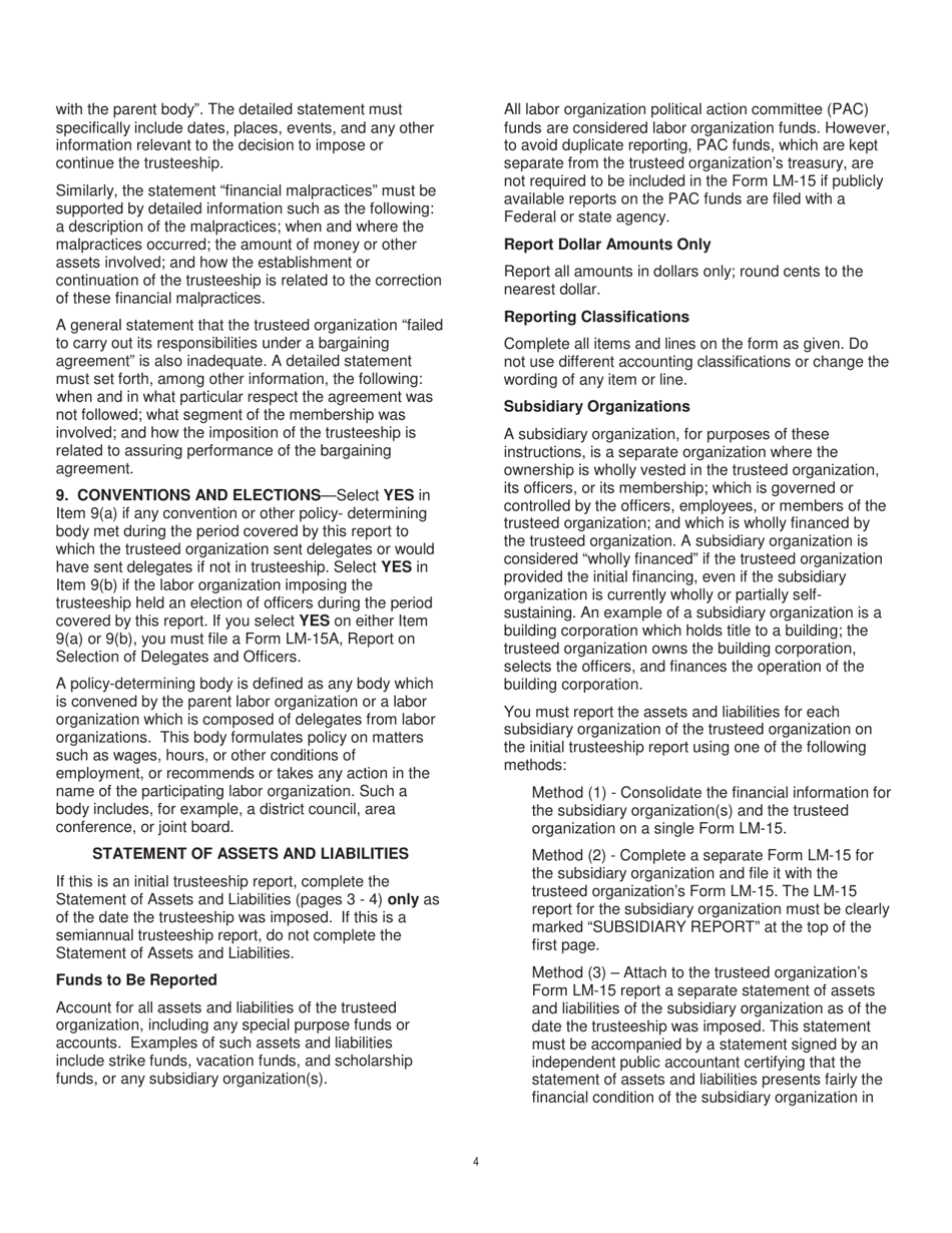 Instructions for Form LM-15 Trusteeship Report, Page 4