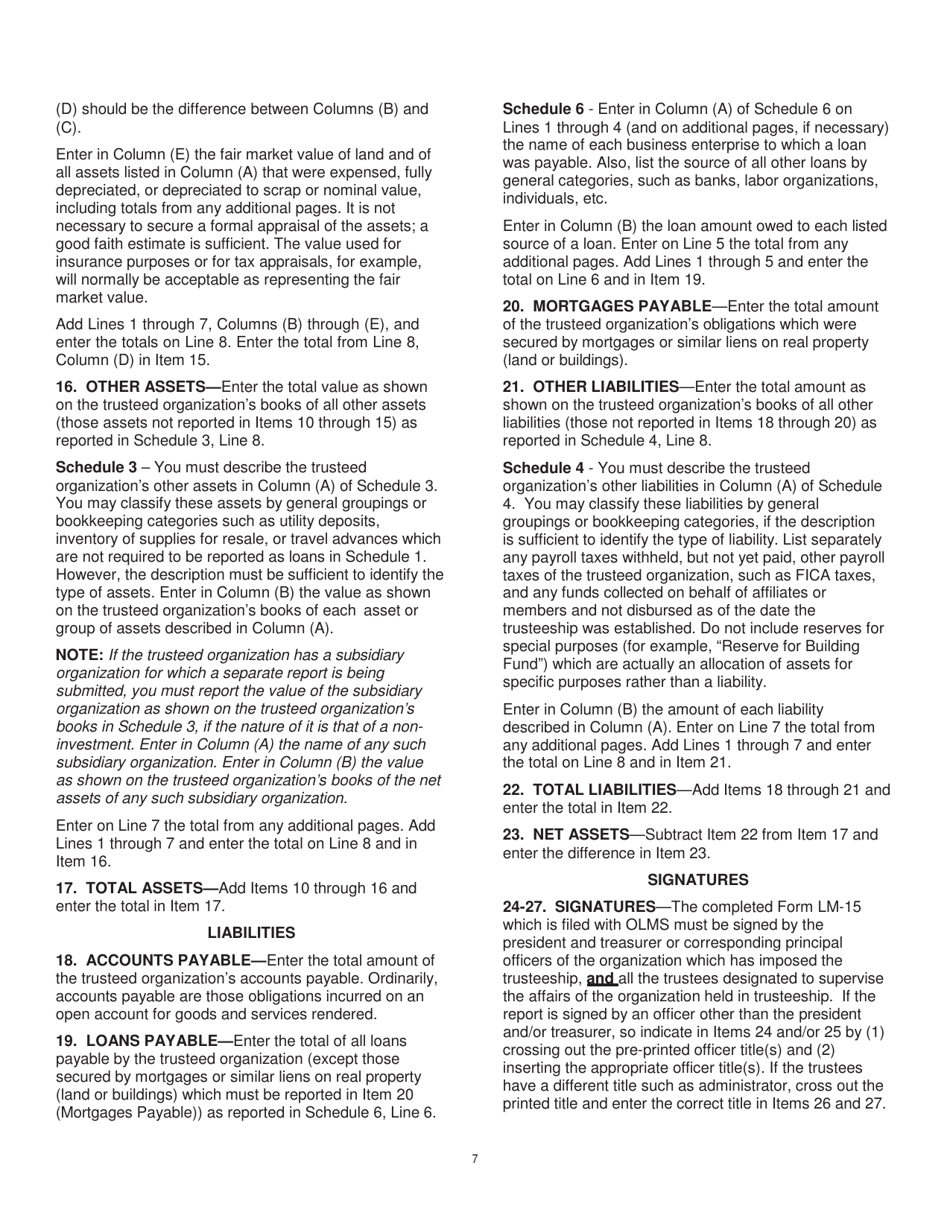 Instructions for Form LM-15 Trusteeship Report, Page 7