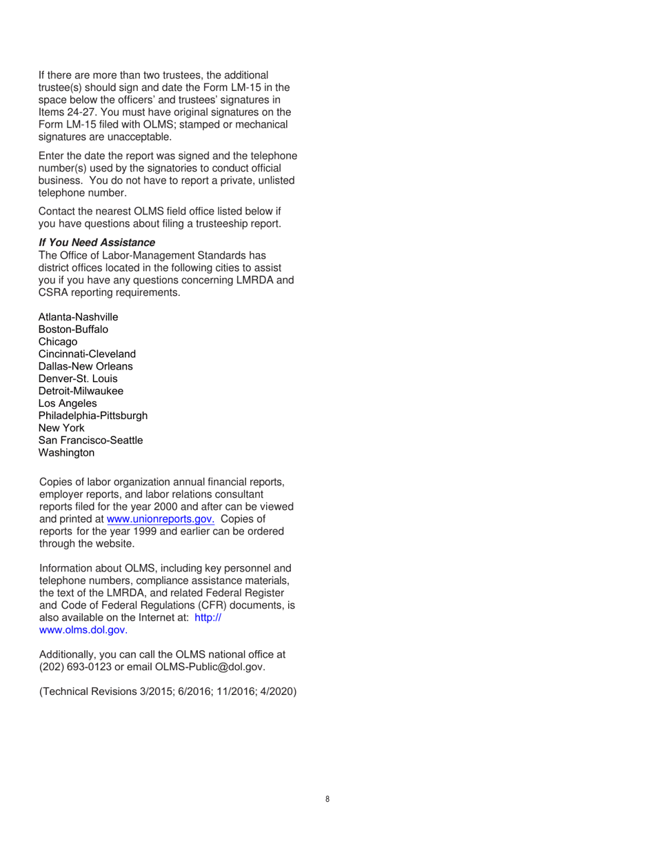 Instructions for Form LM-15 Trusteeship Report, Page 8