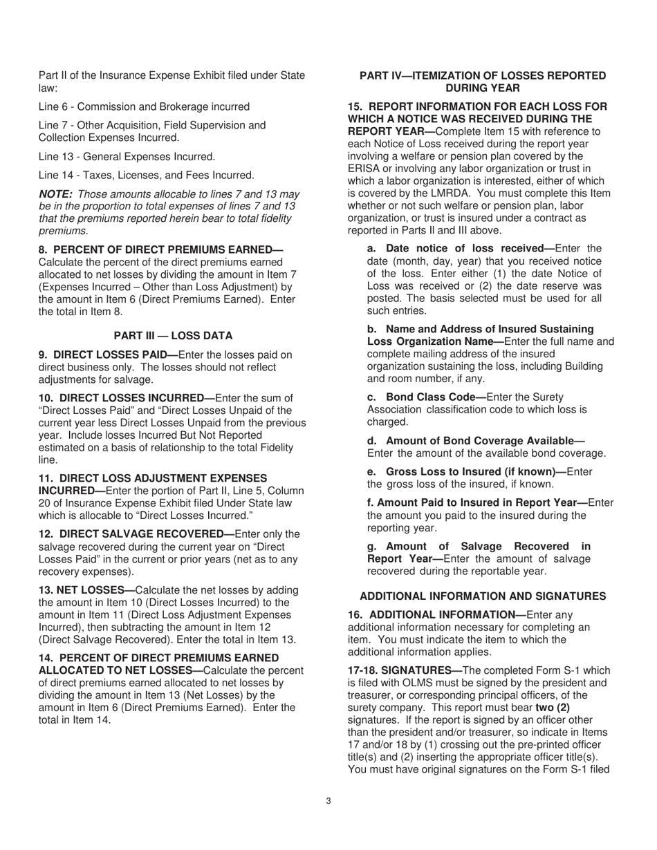 Instructions for Form S-1 Surety Company Annual Report, Page 3