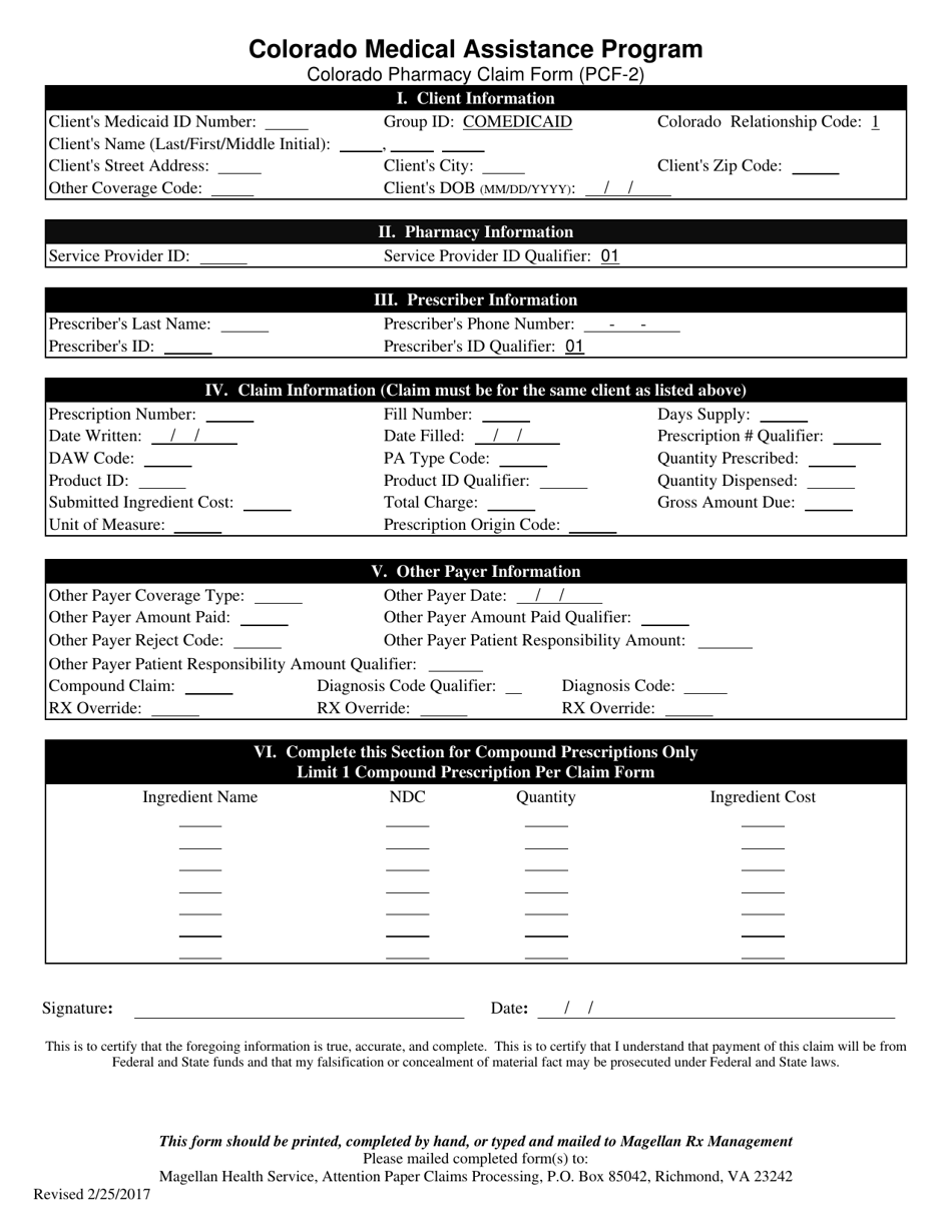 Form PCF-2 Colorado Pharmacy Claim Form - Colorado Medical Assistance Program - Colorado, Page 1