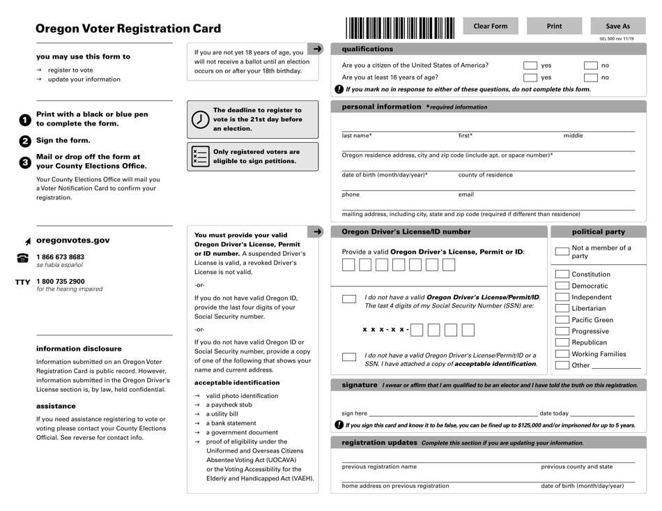 Form SEL500 Oregon Voter Registration Card - Oregon, Page 1