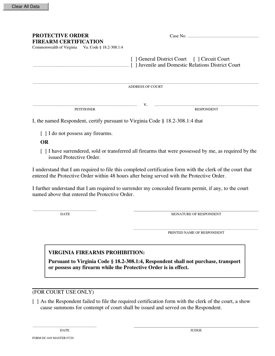 Form DC-649 Protective Order Firearm Certification - Virginia, Page 1