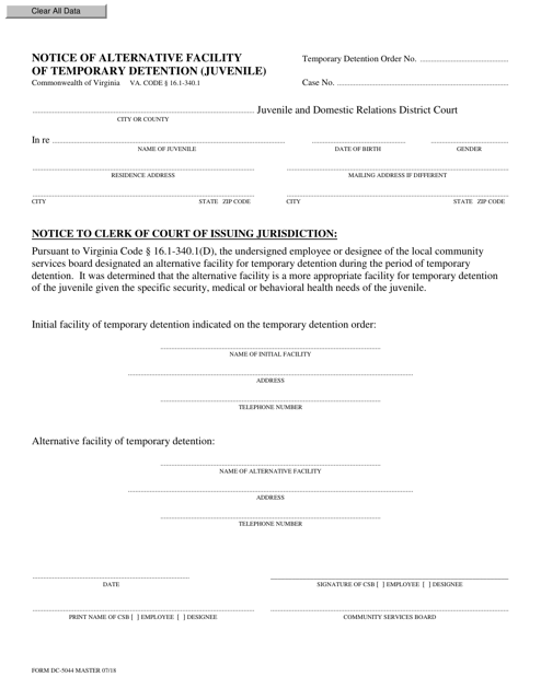 Form DC-5044 Notice of Alternative Facility of Temporary Detention (Juvenile) - Virginia