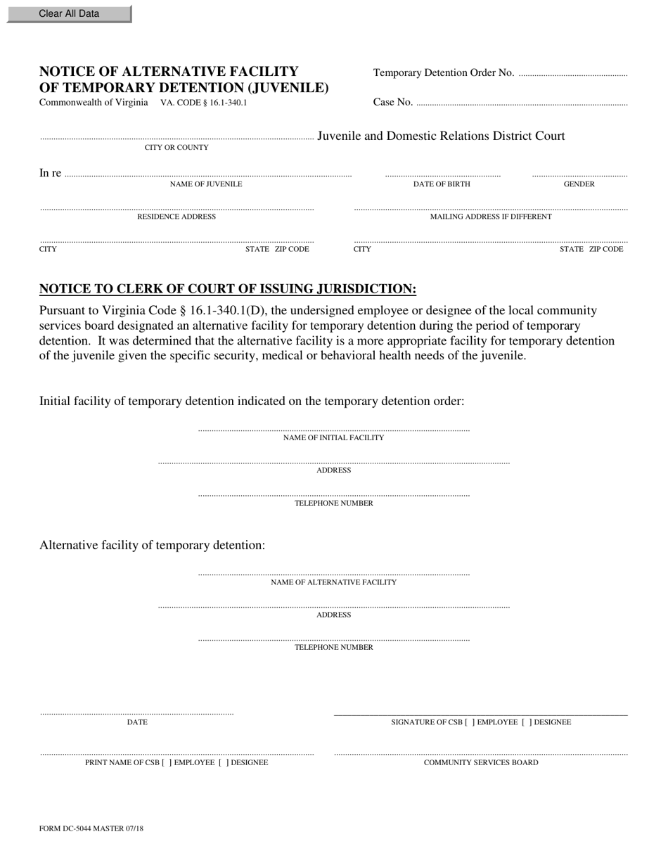 Form DC-5044 Notice of Alternative Facility of Temporary Detention (Juvenile) - Virginia, Page 1