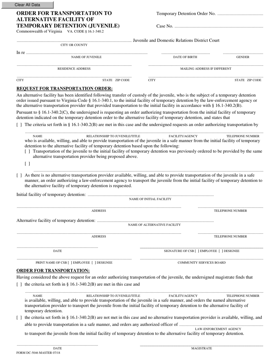 Form DC-5046 Order for Transportation to Alternative Facility of Temporary Detention (Juvenile) - Virginia, Page 1