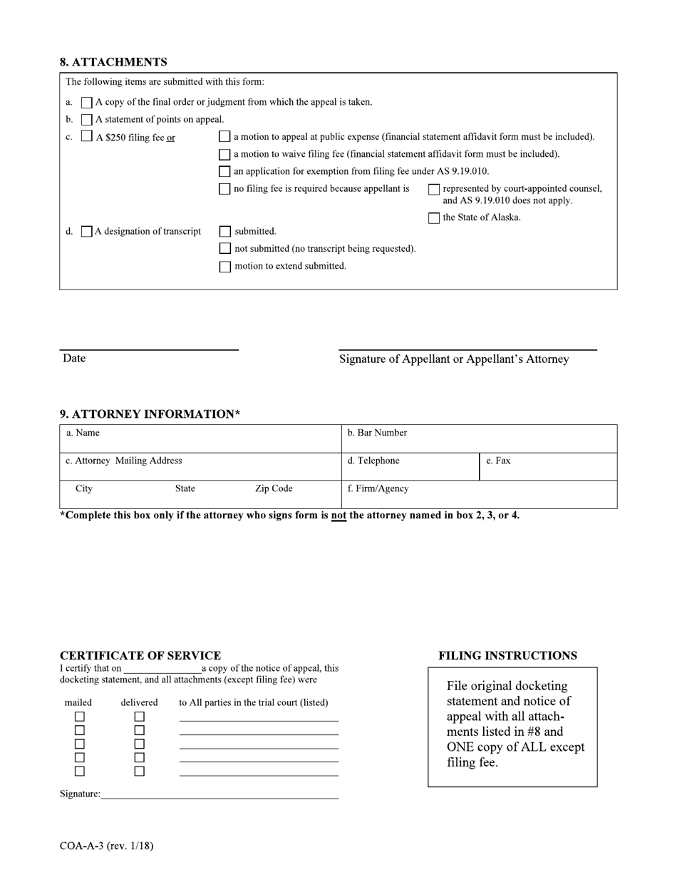 Form COA-A Docketing Statement a for Use in Appeals Under Appellate Rule 204 Felony Merit Appeals and Combined Felony Merit / Sentence Appeals - Alaska, Page 3