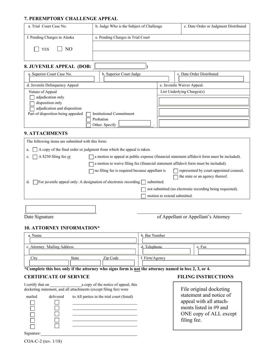 Form COA-C Docketing Statement C - for Use in Expedited Appeals Under Appellate Rule 216 and Juvenile Appeals Under Appellate Rule 219 - Alaska, Page 2