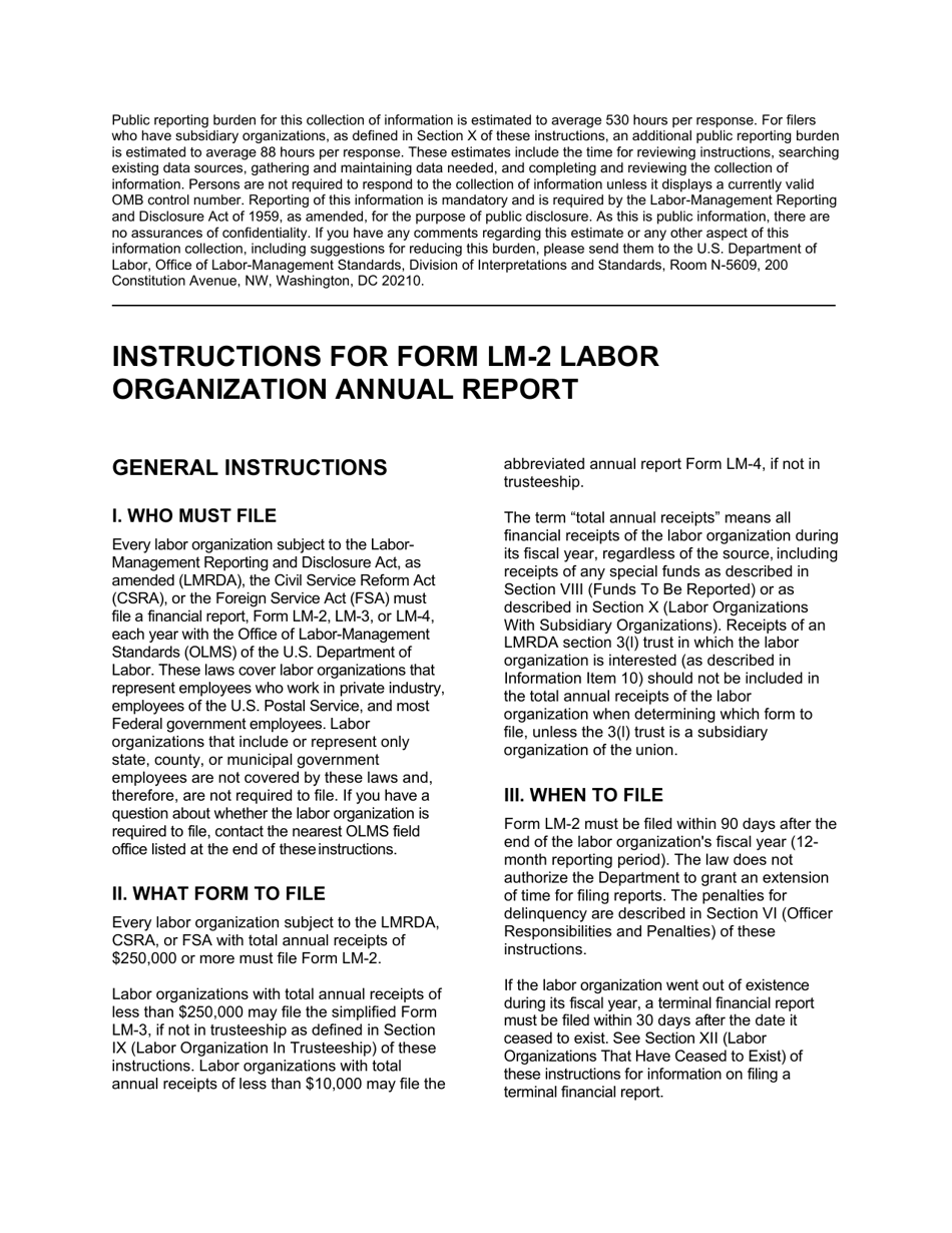 Instructions for Form LM-2 Labor Organization Annual Report, Page 1