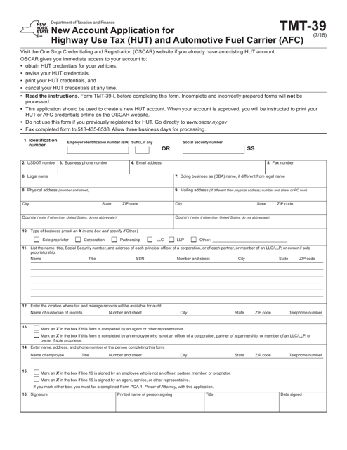 Form TMT-39 New Account Application for Highway Use Tax (Hut) and Automotive Fuel Carrier (Afc) - New York