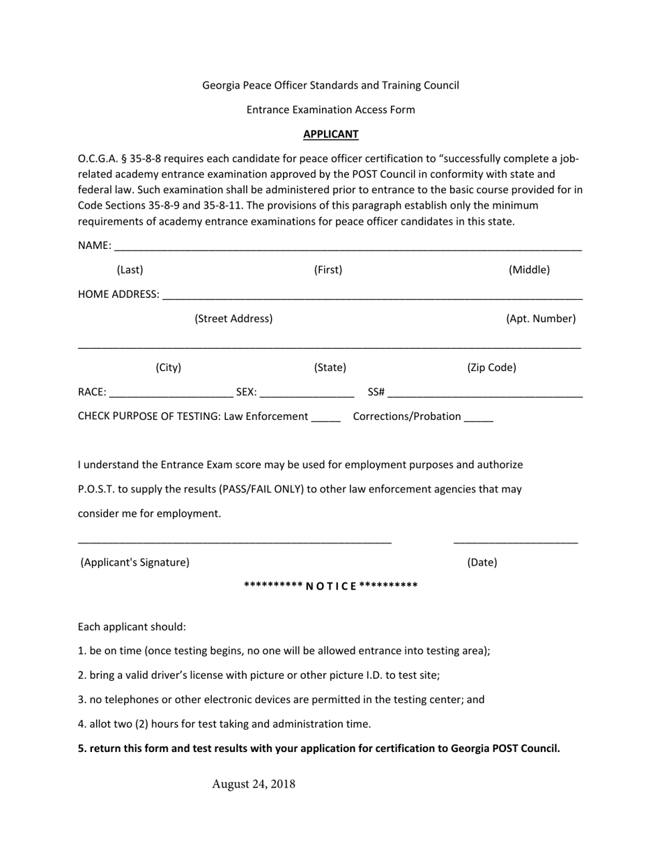 Entrance Examination Access Form - Georgia (United States), Page 1