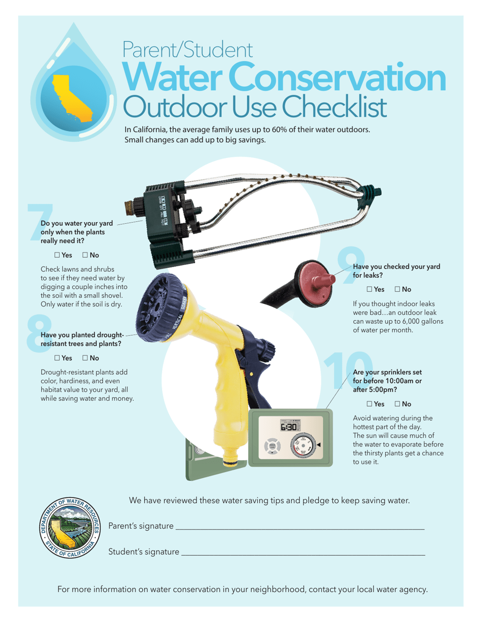 Parent / Student Water Conservation Indoor Use Checklist - California, Page 2
